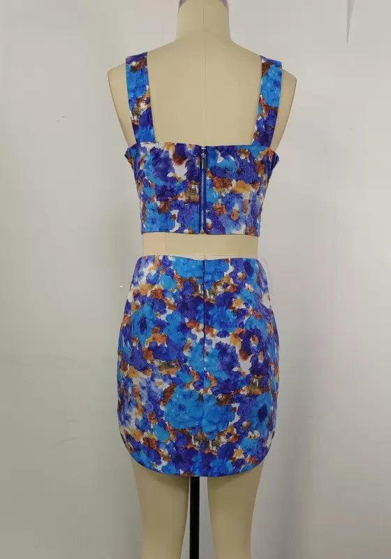  Floral Print Square Neck Crop Top & High Waist Mini Skirt Set Women