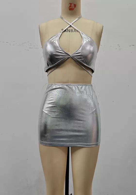 Crisscross Bust Detail Shiny Silver Halter Neck Crop Top & Mini Skirt Set Women