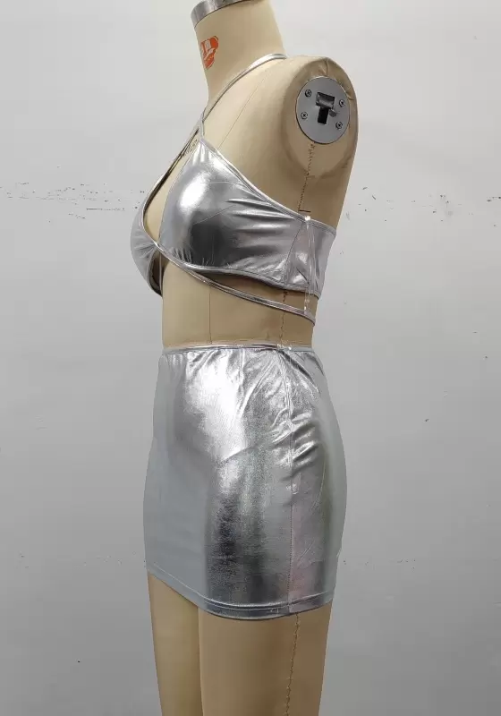 Crisscross Bust Detail Shiny Silver Halter Neck Crop Top & Mini Skirt Set Women