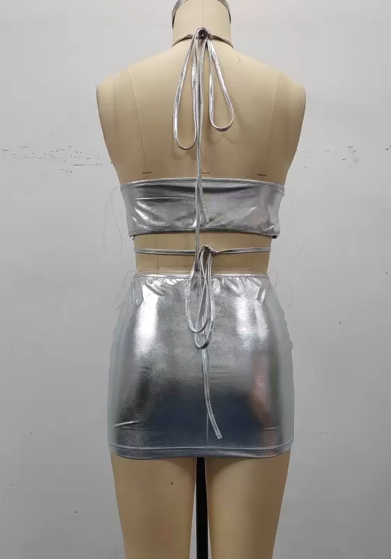 Crisscross Bust Detail Shiny Silver Halter Neck Crop Top & Mini Skirt Set Women