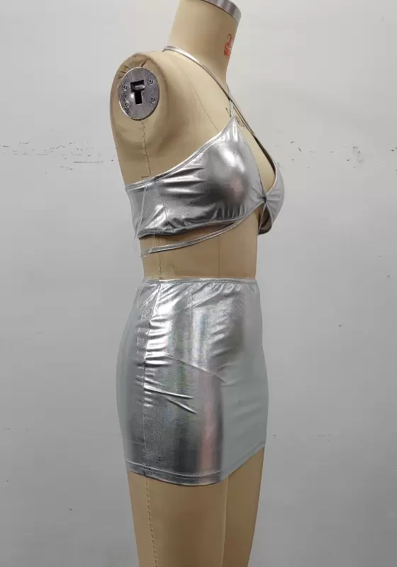 Crisscross Bust Detail Shiny Silver Halter Neck Crop Top & Mini Skirt Set Women