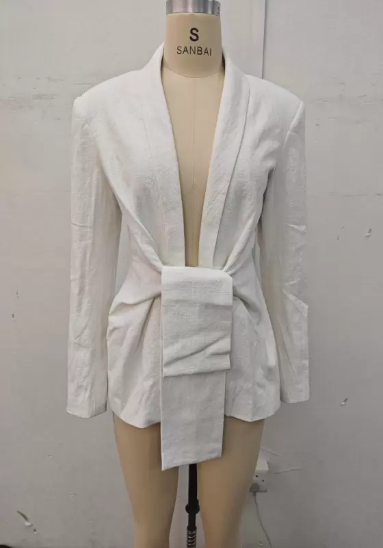 Women’s White Long Sleeve Blazer with Waist Tie – Elegant Tailored Jacket