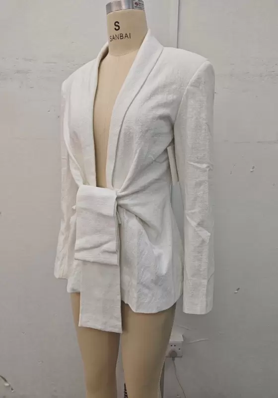 Women’s White Long Sleeve Blazer with Waist Tie – Elegant Tailored Jacket