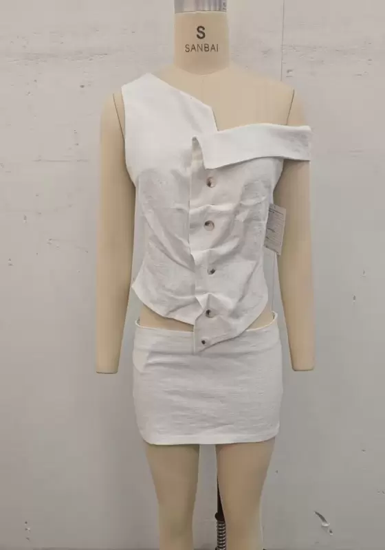 Women’s One Shoulder White Button Bodycon Skirt Set – Asymmetric Two Piece Outfit