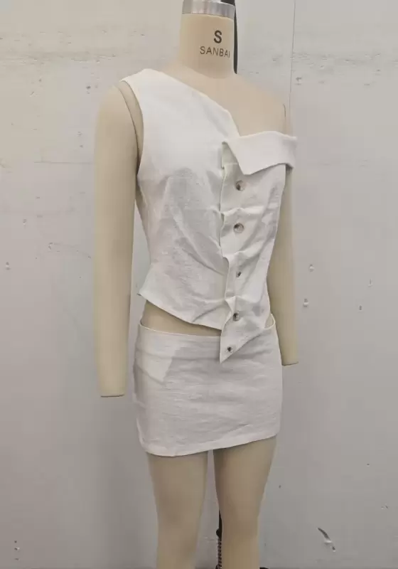 Women’s One Shoulder White Button Bodycon Skirt Set – Asymmetric Two Piece Outfit