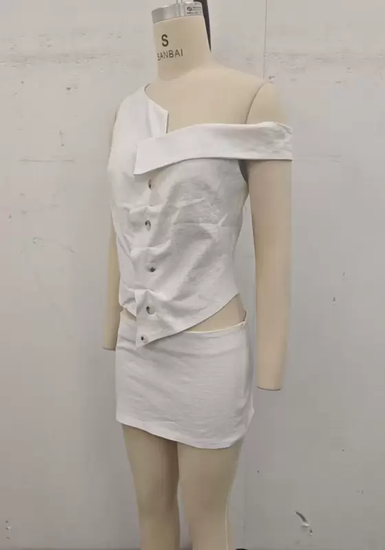 Women’s One Shoulder White Button Bodycon Skirt Set – Asymmetric Two Piece Outfit