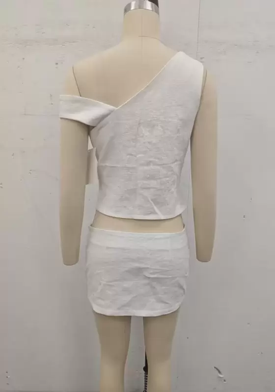 Women’s One Shoulder White Button Bodycon Skirt Set – Asymmetric Two Piece Outfit