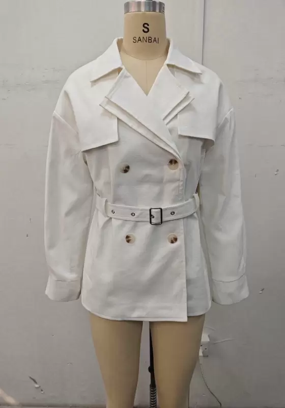 White Short Trench Coat - 2025 Stylish Double-Breasted Design