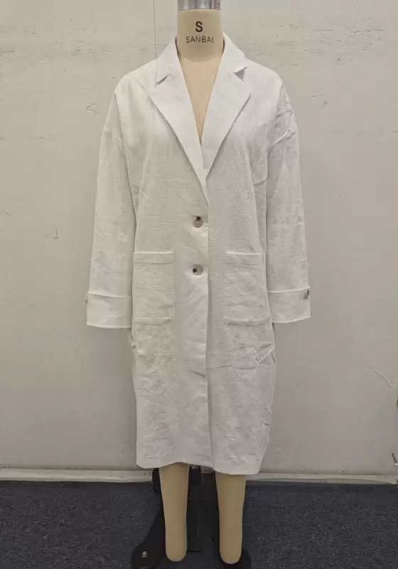 Simple Long White Notched Lapel Coat – Versatile Single-Breasted Trench