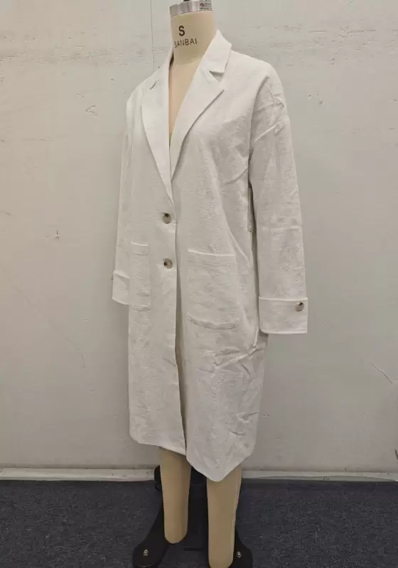 Simple Long White Notched Lapel Coat – Versatile Single-Breasted Trench