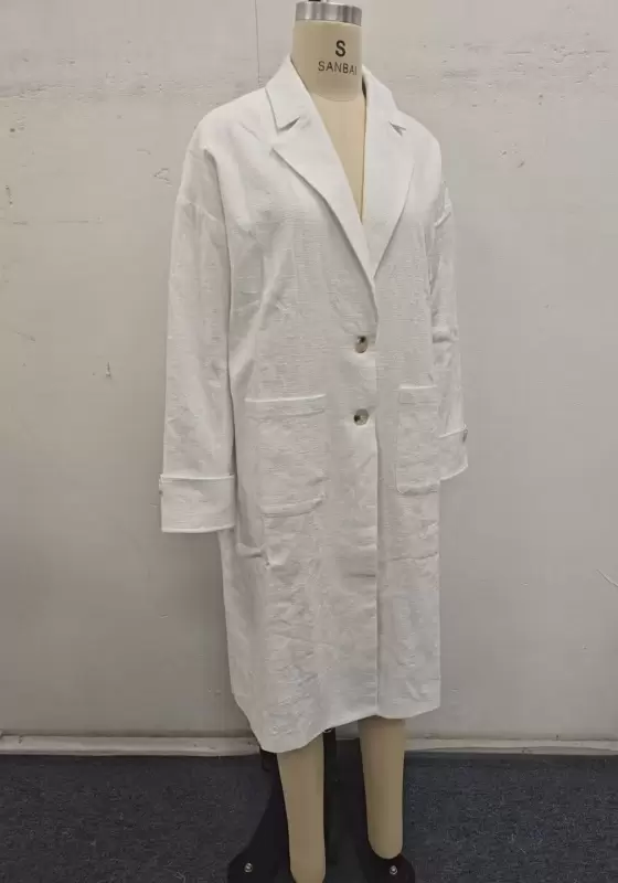 Simple Long White Notched Lapel Coat – Versatile Single-Breasted Trench