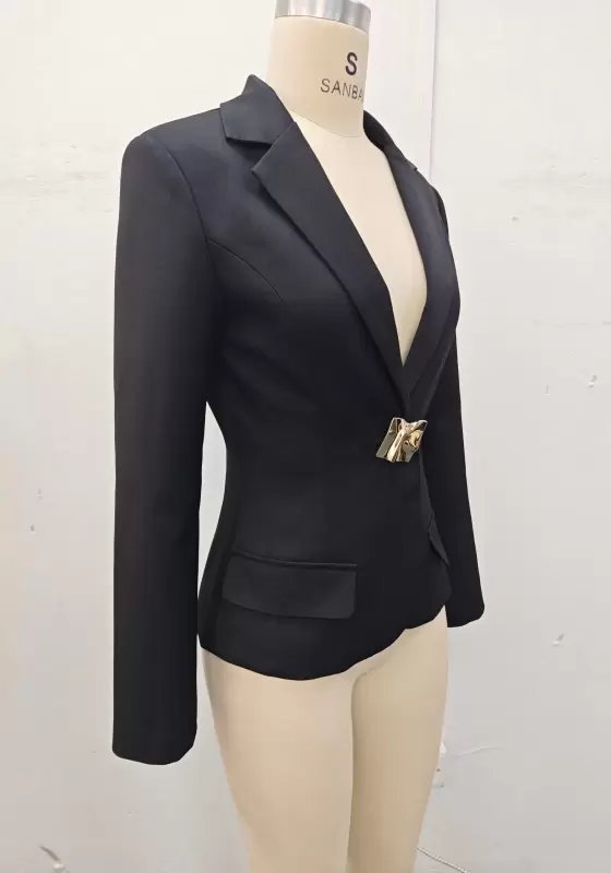Women's Black Single-Breasted Slim Fit Blazer with Fashionable Metal Waist Buckle - Office Professional Jacket