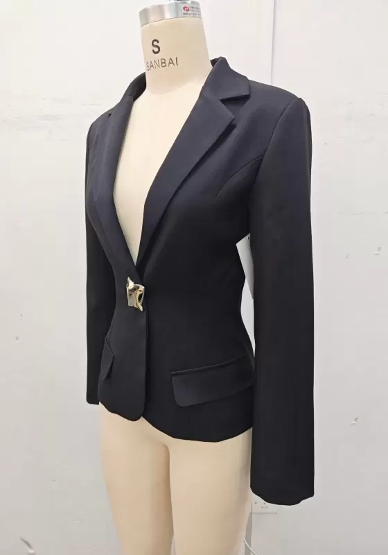 Women's Black Single-Breasted Slim Fit Blazer with Fashionable Metal Waist Buckle - Office Professional Jacket