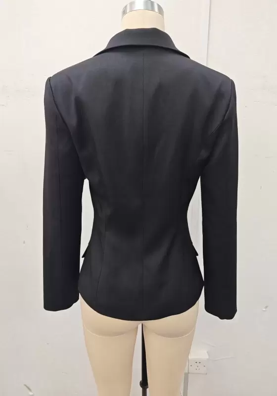 Women's Black Single-Breasted Slim Fit Blazer with Fashionable Metal Waist Buckle - Office Professional Jacket