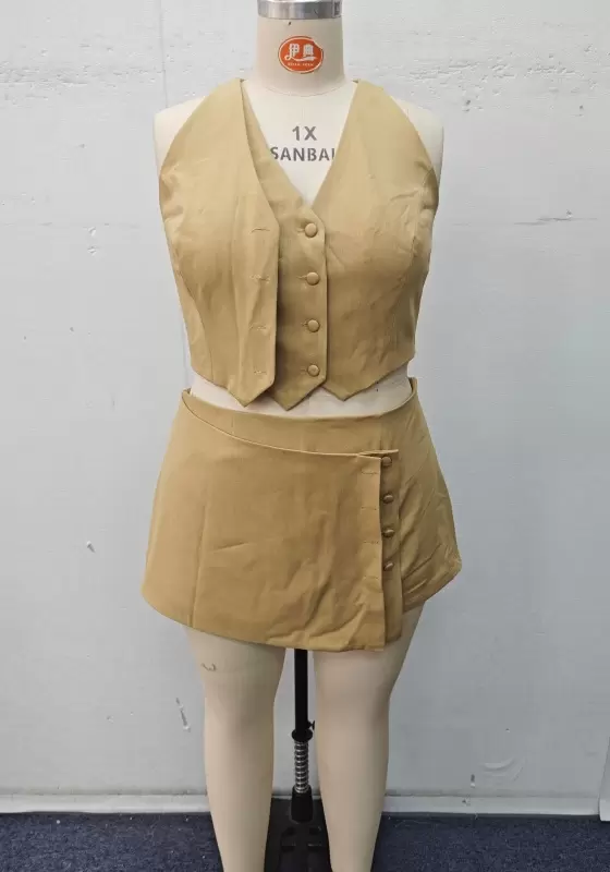 Women’s Khaki Vest and Asymmetric Skirt Set – Two Piece Suit Outfit