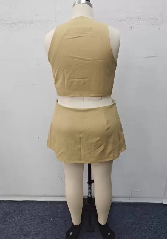 Women’s Khaki Vest and Asymmetric Skirt Set – Two Piece Suit Outfit