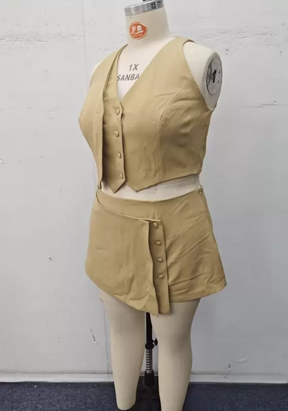 Women’s Khaki Vest and Asymmetric Skirt Set – Two Piece Suit Outfit