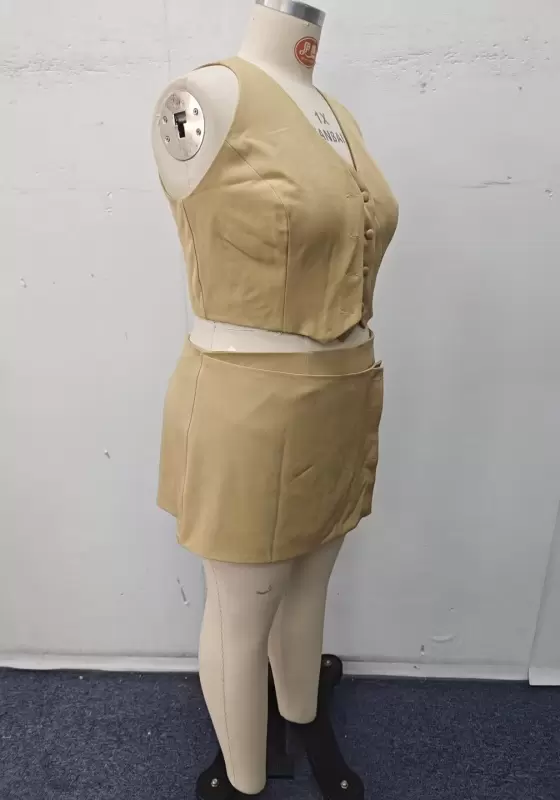 Women’s Khaki Vest and Asymmetric Skirt Set – Two Piece Suit Outfit