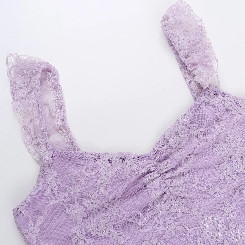 Lace Trim Wide Strap Slit Mini Dress