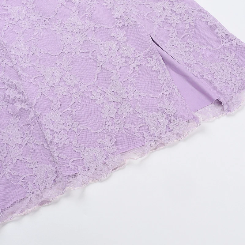 Lace Trim Wide Strap Slit Mini Dress