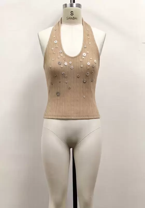 Textured Halter Knit Cami &ndash; Minimalist Aesthetic Button-Decorated Top for Women, Sustainable & Versatile Layering Piece