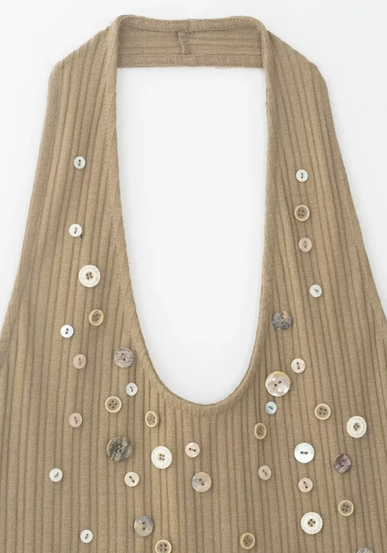 Textured Halter Knit Cami &ndash; Minimalist Aesthetic Button-Decorated Top for Women, Sustainable & Versatile Layering Piece