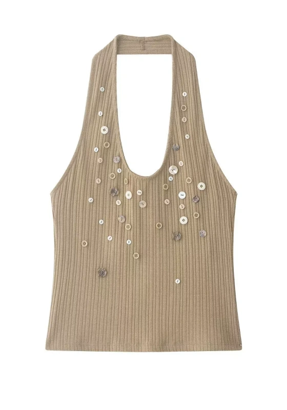 Textured Halter Knit Cami &ndash; Minimalist Aesthetic Button-Decorated Top for Women, Sustainable & Versatile Layering Piece