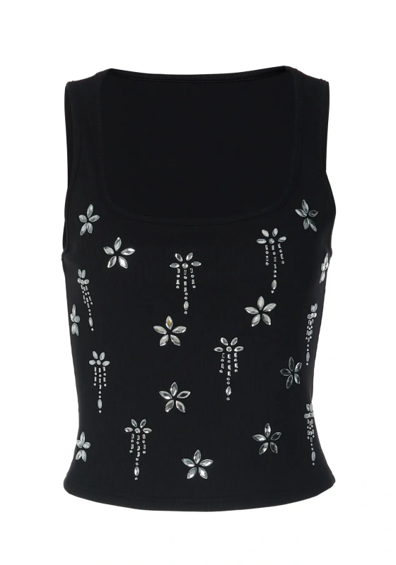 Rhinestone Floral Knit Cami &ndash; Y2K Aesthetic Party-Ready Top for Women