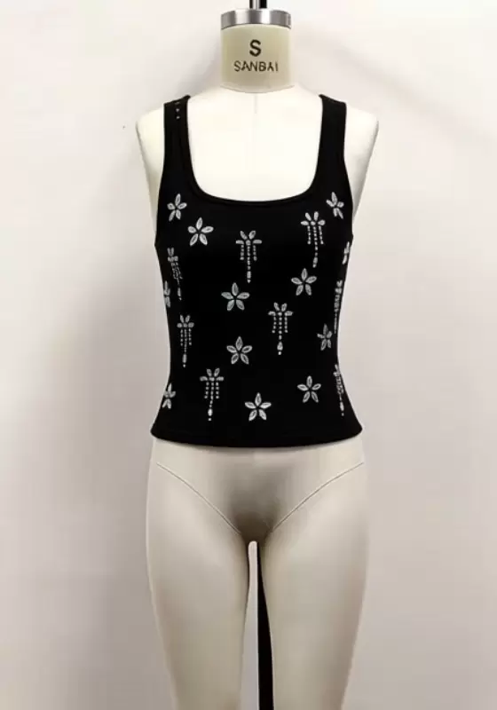 Rhinestone Floral Knit Cami &ndash; Y2K Aesthetic Party-Ready Top for Women