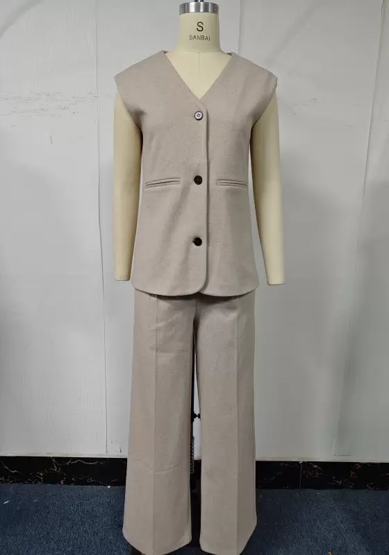 Coordinated Knit Vest & Wide-Leg Trouser Set - Tailored Minimalist Outfit for Women