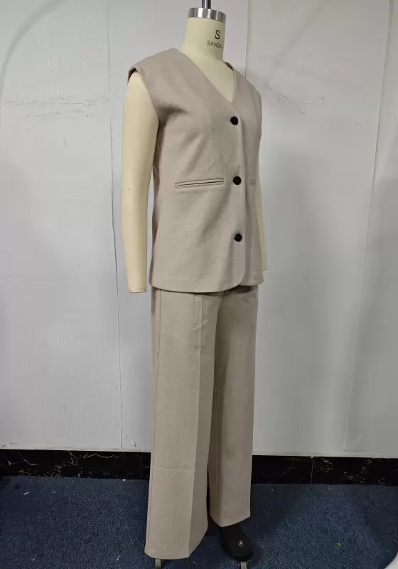 Coordinated Knit Vest & Wide-Leg Trouser Set - Tailored Minimalist Outfit for Women