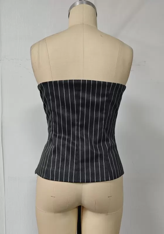 Striped Bandeau Top & Wide-Leg Trouser Set - Tailored Suit Set for Women