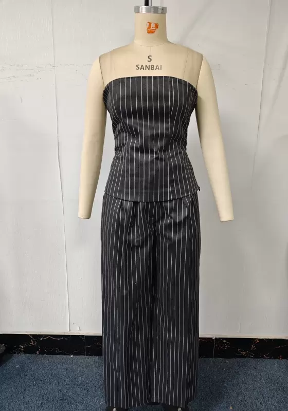 Striped Bandeau Top & Wide-Leg Trouser Set - Tailored Suit Set for Women