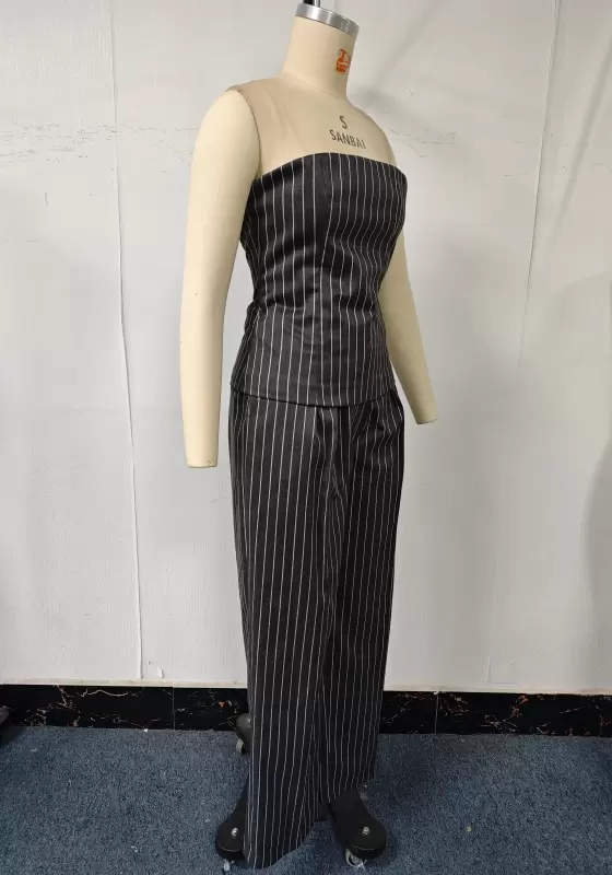 Striped Bandeau Top & Wide-Leg Trouser Set - Tailored Suit Set for Women