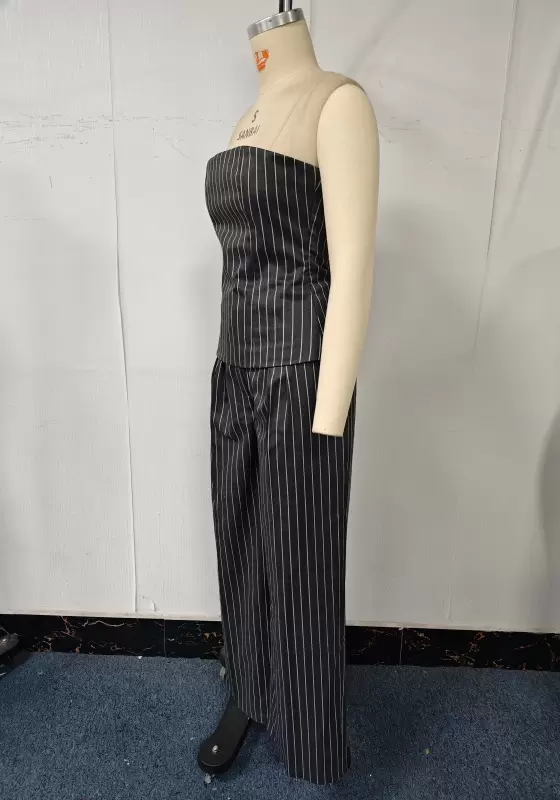 Striped Bandeau Top & Wide-Leg Trouser Set - Tailored Suit Set for Women