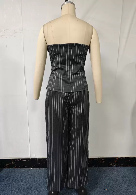Striped Bandeau Top & Wide-Leg Trouser Set - Tailored Suit Set for Women