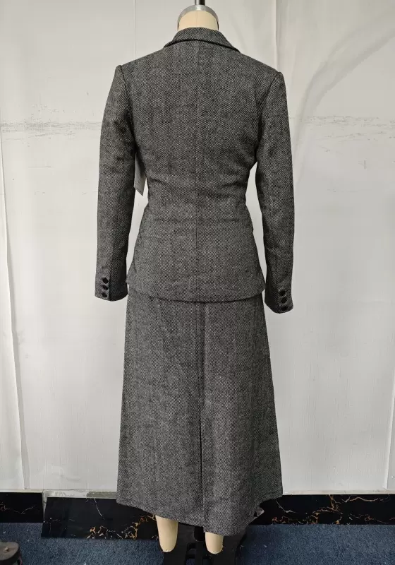 Wool-Blend Blazer & Midi Skirt Suit - Tailored Professional Outfit for Women
