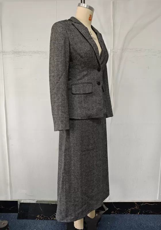 Wool-Blend Blazer & Midi Skirt Suit - Tailored Professional Outfit for Women