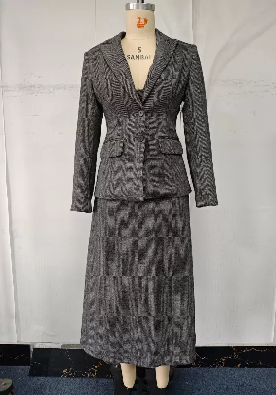 Wool-Blend Blazer & Midi Skirt Suit - Tailored Professional Outfit for Women
