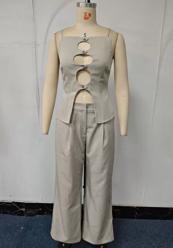 Cut-Out Cami Top & High-Waisted Wide-Leg Trouser Set - Trendy Minimalist Outfit for Women