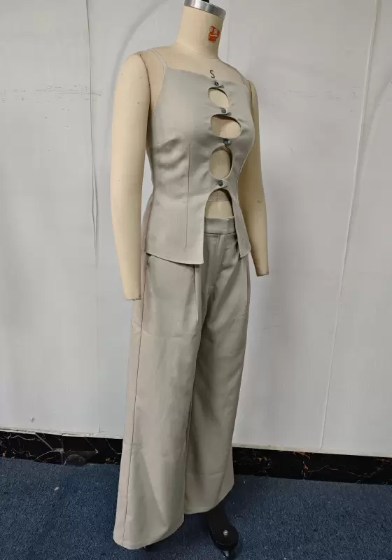 Cut-Out Cami Top & High-Waisted Wide-Leg Trouser Set - Trendy Minimalist Outfit for Women