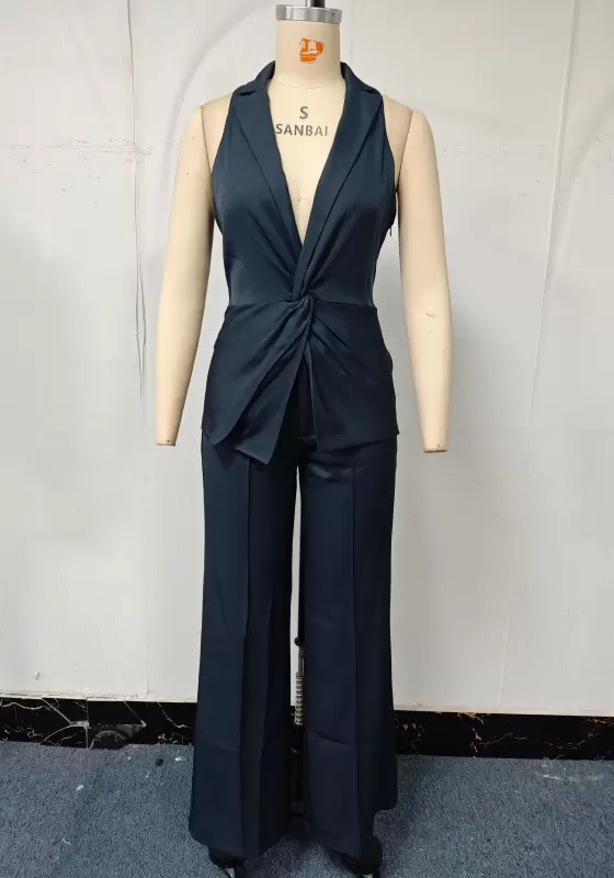 Twisted Front Sleeveless Blouse & Wide-Leg Trouser Set - Elegant Office-to-Evening Outfit for Women