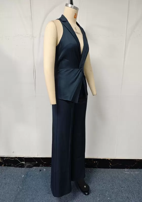 Twisted Front Sleeveless Blouse & Wide-Leg Trouser Set - Elegant Office-to-Evening Outfit for Women