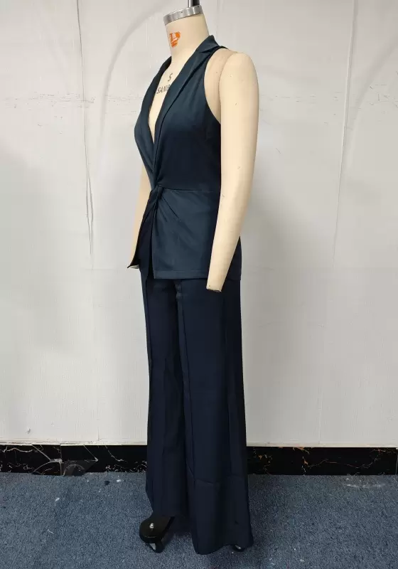Twisted Front Sleeveless Blouse & Wide-Leg Trouser Set - Elegant Office-to-Evening Outfit for Women