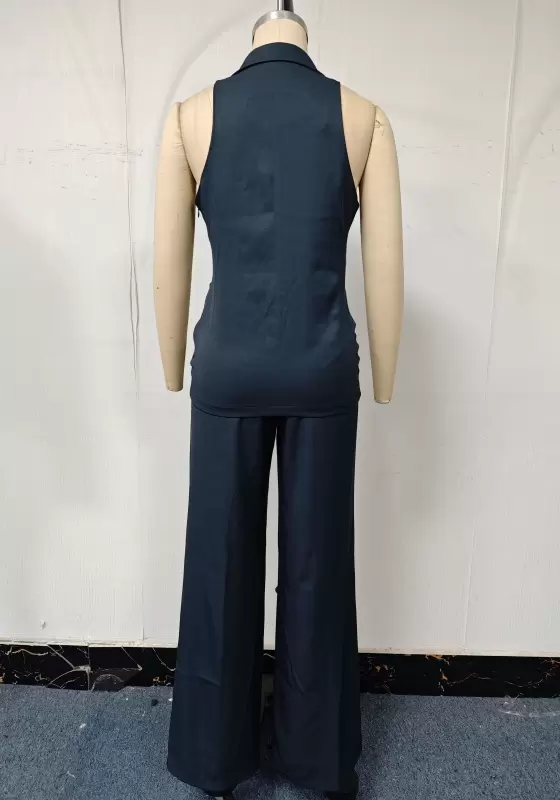 Twisted Front Sleeveless Blouse & Wide-Leg Trouser Set - Elegant Office-to-Evening Outfit for Women