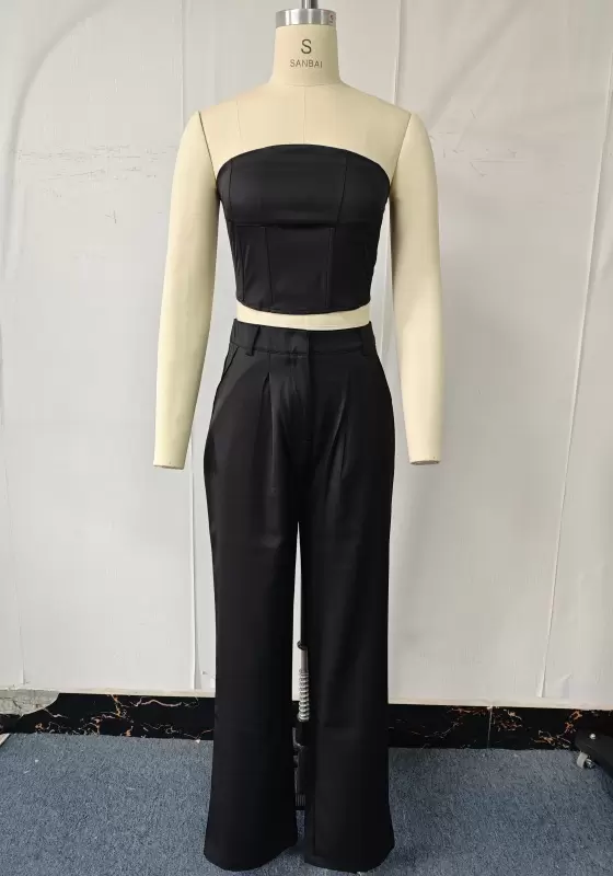 Satin Bandeau Crop Top & High-Waisted Wide-Leg Trouser Set