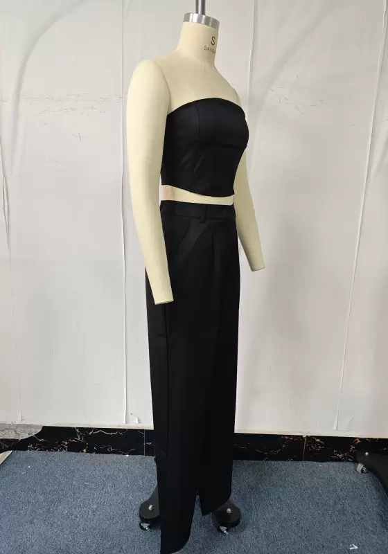 Satin Bandeau Crop Top & High-Waisted Wide-Leg Trouser Set