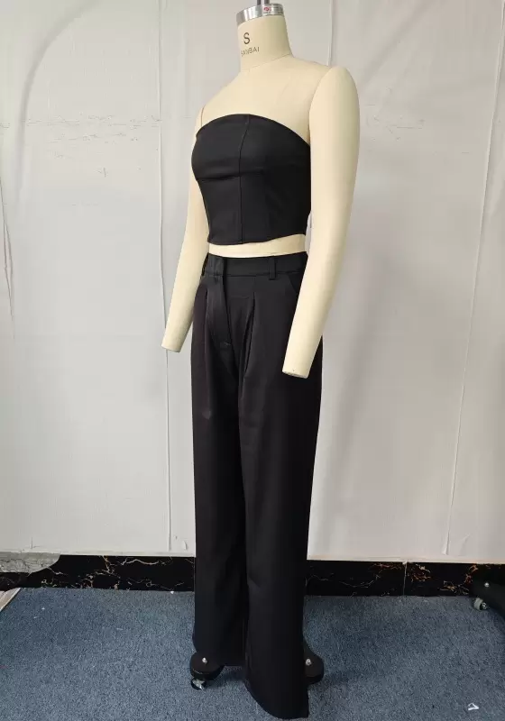 Satin Bandeau Crop Top & High-Waisted Wide-Leg Trouser Set