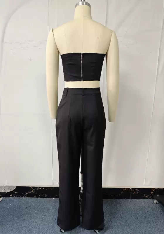 Satin Bandeau Crop Top & High-Waisted Wide-Leg Trouser Set