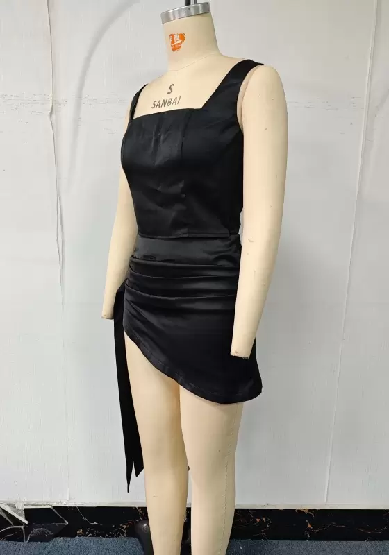 Satin Asymmetric Ruched Midi Dress - Sleeveless Square Neck Bodycon Dress for Women